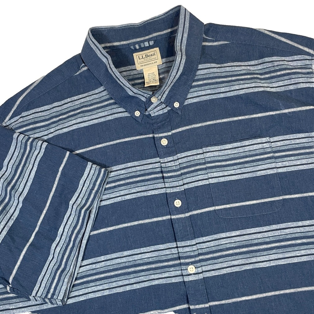 LL Bean Men's Backyard BBQ Shirt Short Sleeve Untucked Fit Stripe Blue XXL